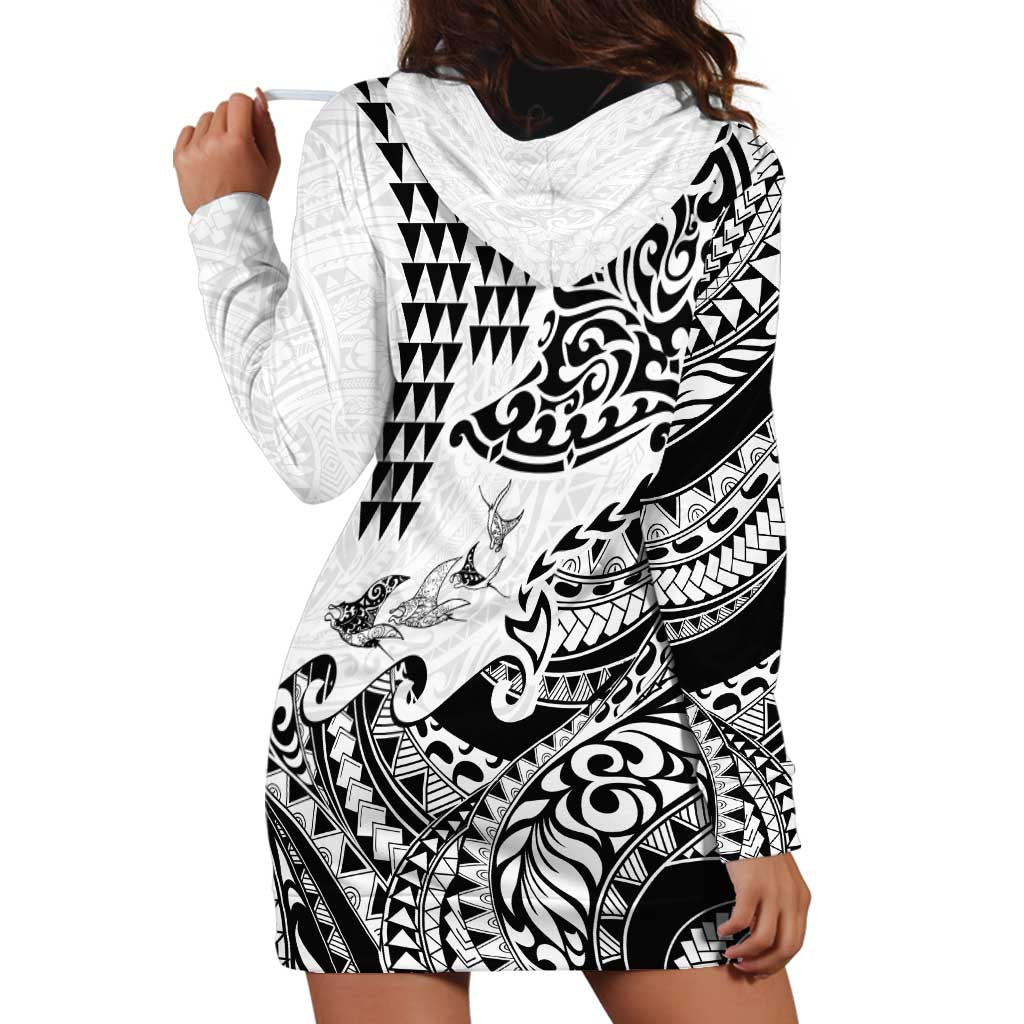 Hawaiian Tribal Manta Ray Hoodie Dress Kakau Tattoo and Polynesian Art Motif Pattern