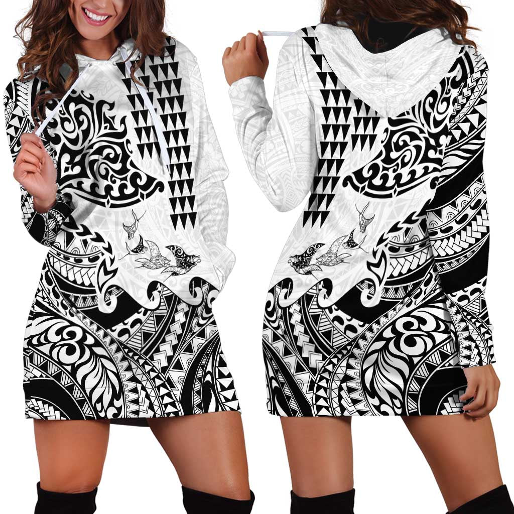 Hawaiian Tribal Manta Ray Hoodie Dress Kakau Tattoo and Polynesian Art Motif Pattern