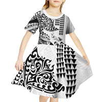 Hawaiian Tribal Manta Ray Kid Short Sleeve Dress Kakau Tattoo and Polynesian Art Motif Pattern LT03 - Polynesian Pride