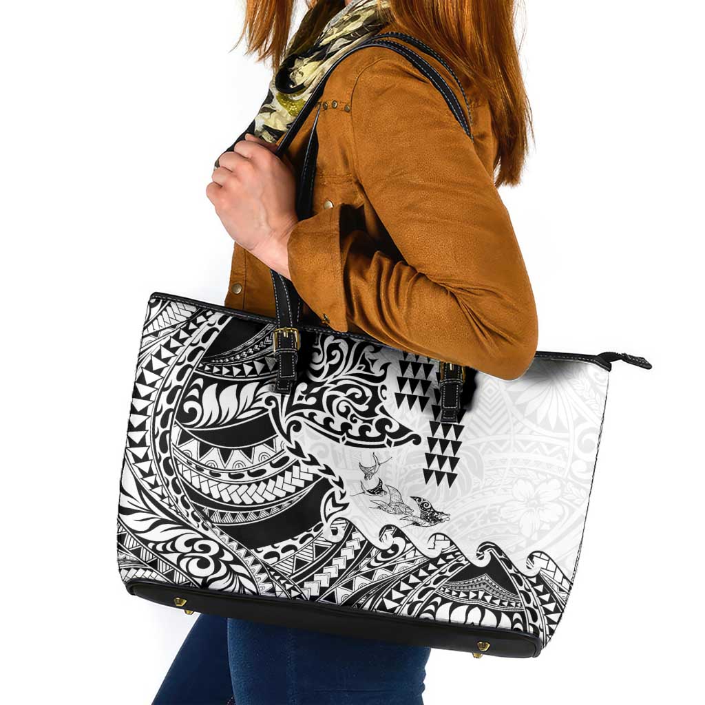 Hawaiian Tribal Manta Ray Leather Tote Bag Kakau Tattoo and Polynesian Art Motif Pattern LT03 Multicolor - Polynesian Pride