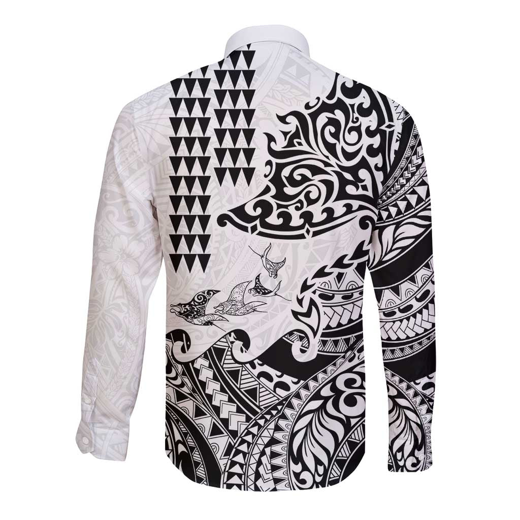 Hawaiian Tribal Manta Ray Long Sleeve Button Shirt Kakau Tattoo and Polynesian Art Motif Pattern