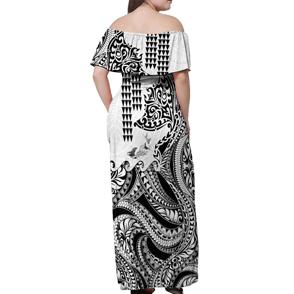 Hawaiian Tribal Manta Ray Off Shoulder Maxi Dress Kakau Tattoo and Polynesian Art Motif Pattern LT03 - Polynesian Pride
