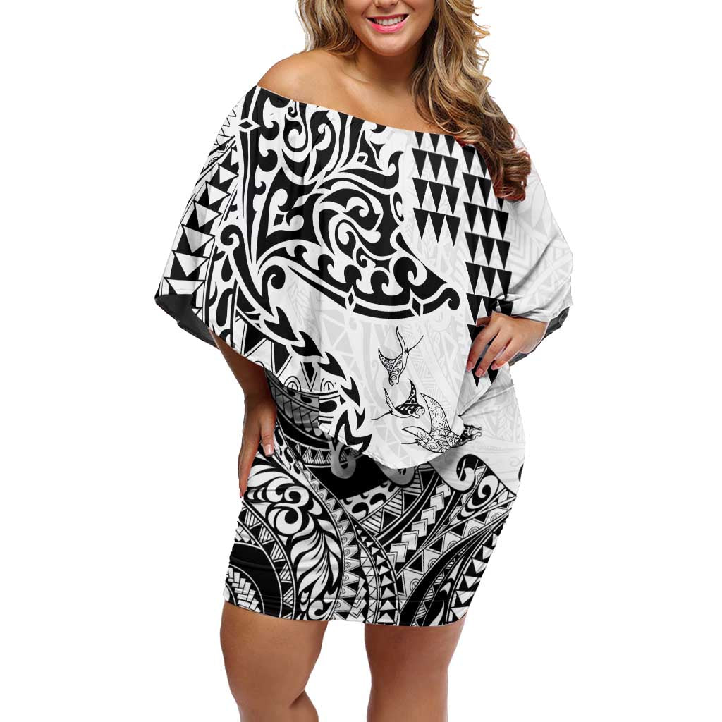 Hawaiian Tribal Manta Ray Off Shoulder Short Dress Kakau Tattoo and Polynesian Art Motif Pattern LT03 Women Multicolor - Polynesian Pride