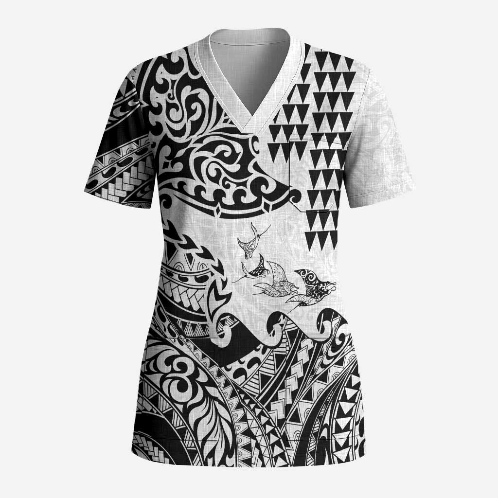 Hawaiian Tribal Manta Ray Scrub Top Kakau Tattoo and Polynesian Art Motif Pattern LT03 Adult Multicolor - Polynesian Pride
