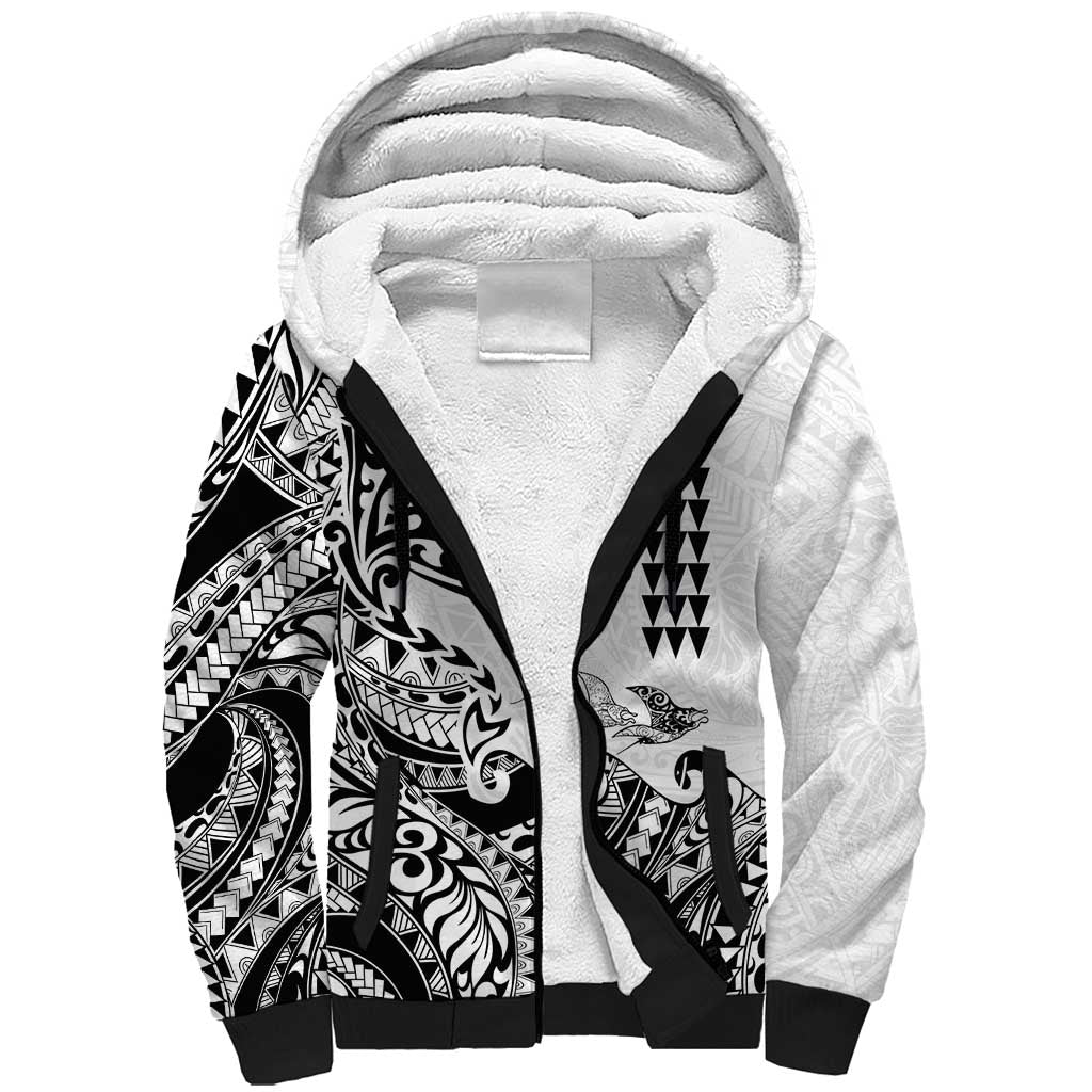 Hawaiian Tribal Manta Ray Sherpa Hoodie Kakau Tattoo and Polynesian Art Motif Pattern