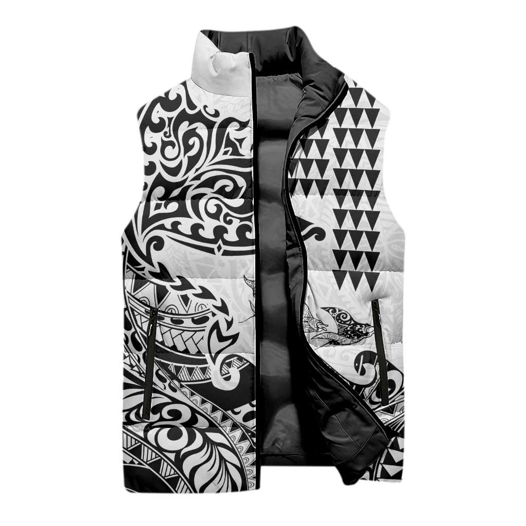 Hawaiian Tribal Manta Ray Sleeveless Puffer Jacket Kakau Tattoo and Polynesian Art Motif Pattern