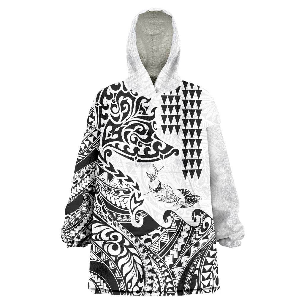 Hawaiian Tribal Manta Ray Wearable Blanket Hoodie Kakau Tattoo and Polynesian Art Motif Pattern