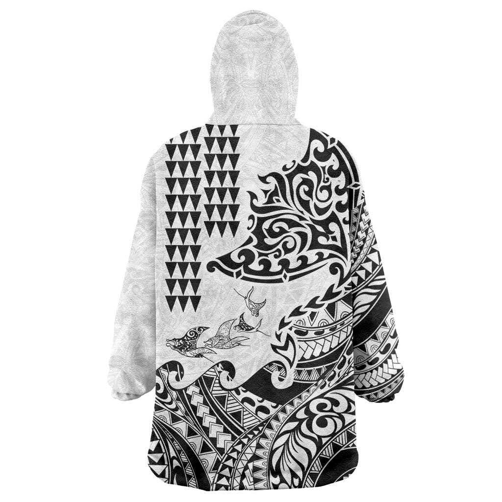 Hawaiian Tribal Manta Ray Wearable Blanket Hoodie Kakau Tattoo and Polynesian Art Motif Pattern