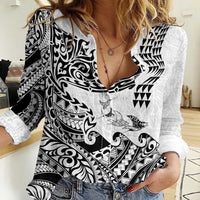 Hawaiian Tribal Manta Ray Women Casual Shirt Kakau Tattoo and Polynesian Art Motif Pattern