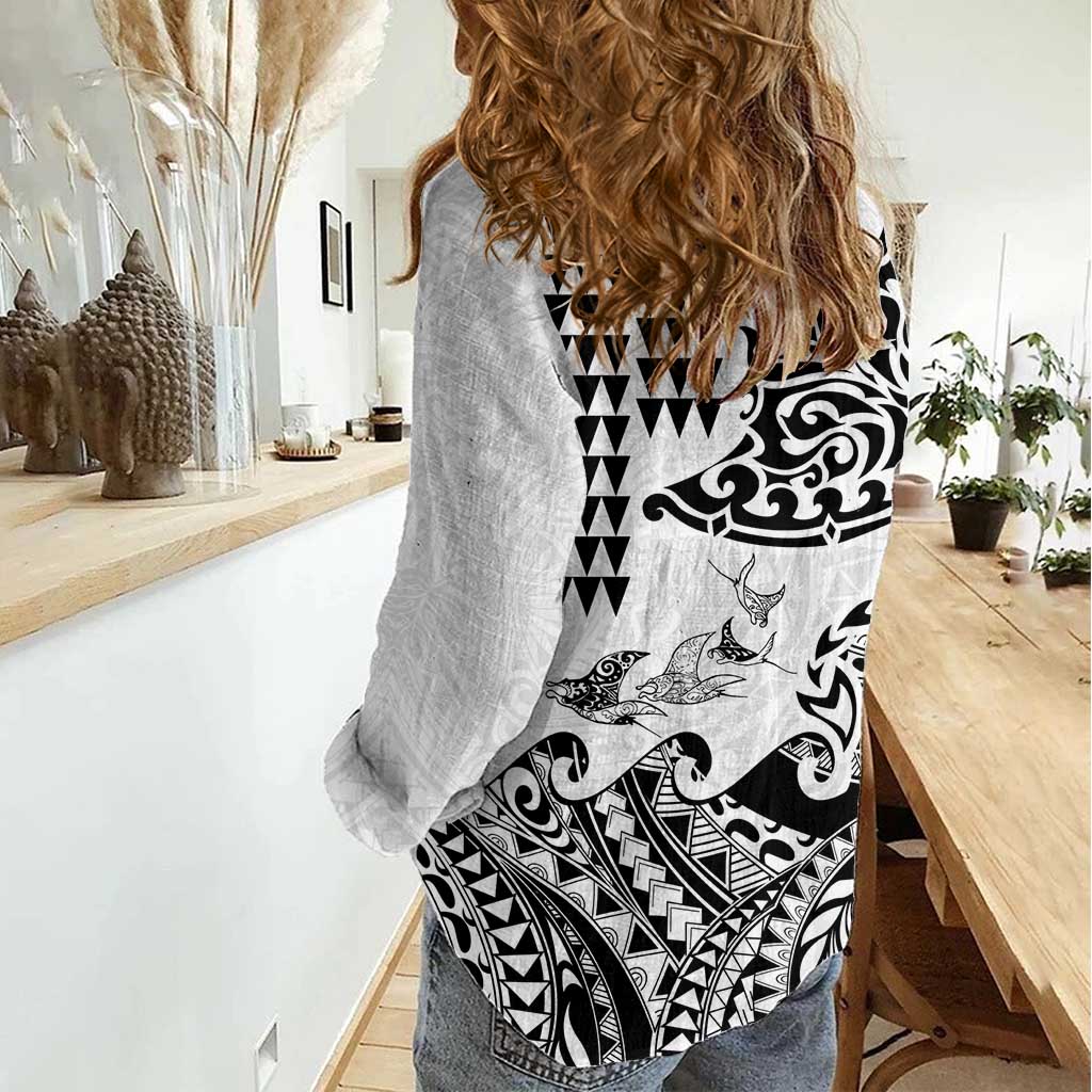Hawaiian Tribal Manta Ray Women Casual Shirt Kakau Tattoo and Polynesian Art Motif Pattern