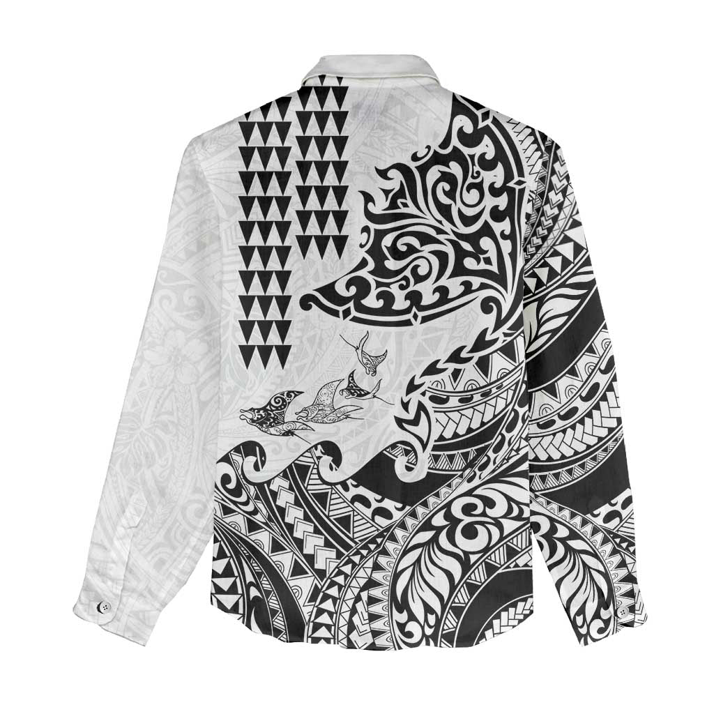 Hawaiian Tribal Manta Ray Women Casual Shirt Kakau Tattoo and Polynesian Art Motif Pattern