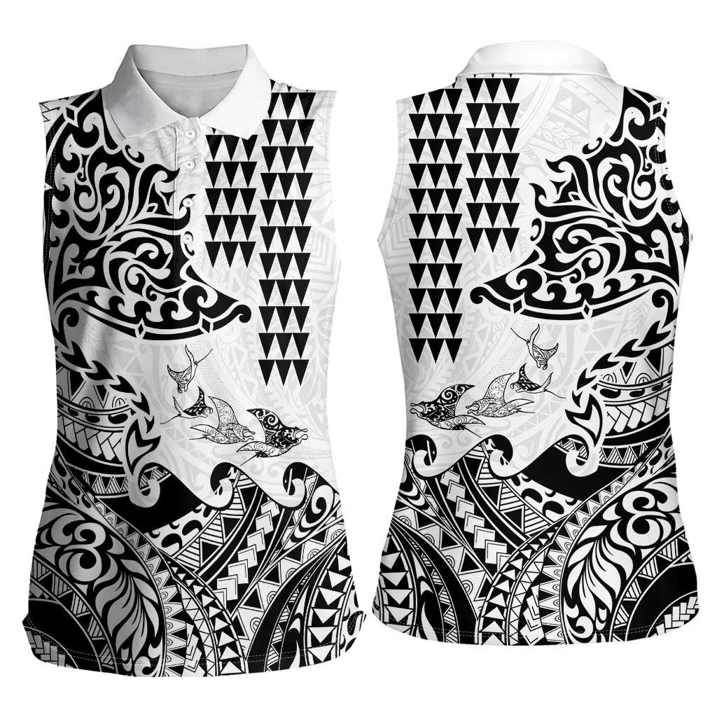 Hawaiian Tribal Manta Ray Women Sleeveless Polo Shirt Kakau Tattoo and Polynesian Art Motif Pattern