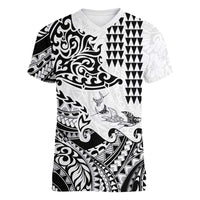 Hawaiian Tribal Manta Ray Women V-Neck T-Shirt Kakau Tattoo and Polynesian Art Motif Pattern