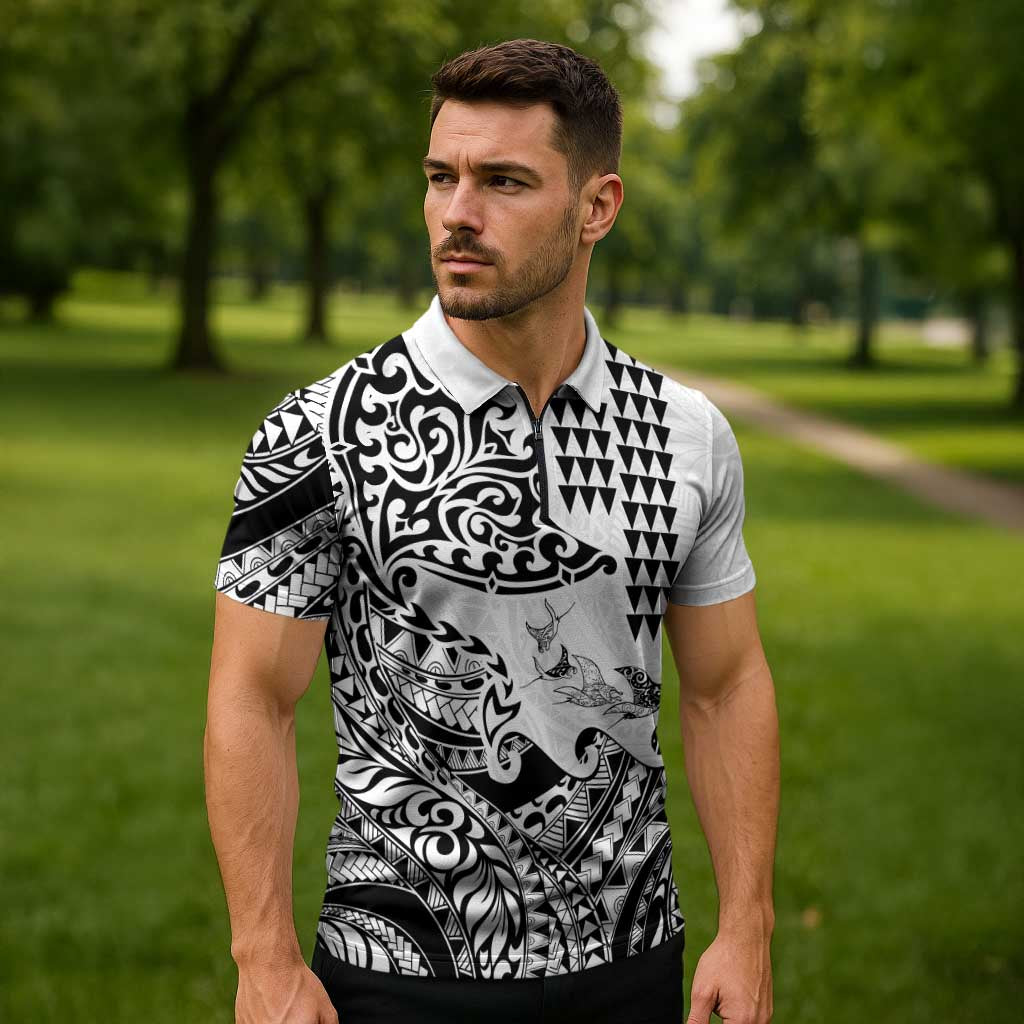 Hawaiian Tribal Manta Ray Zipper Polo Shirt Kakau Tattoo and Polynesian Art Motif Pattern LT03 - Polynesian Pride