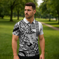 Hawaiian Tribal Manta Ray Zipper Polo Shirt Kakau Tattoo and Polynesian Art Motif Pattern LT03 - Polynesian Pride