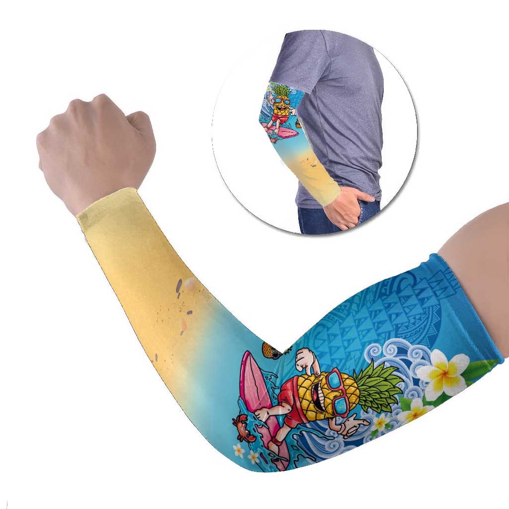 Hawaiian Funny Pineapple Surfing Arm Sleeves Beach with Tribal Kakau and Plumeria LT03 Set of 2 Multicolor - Polynesian Pride