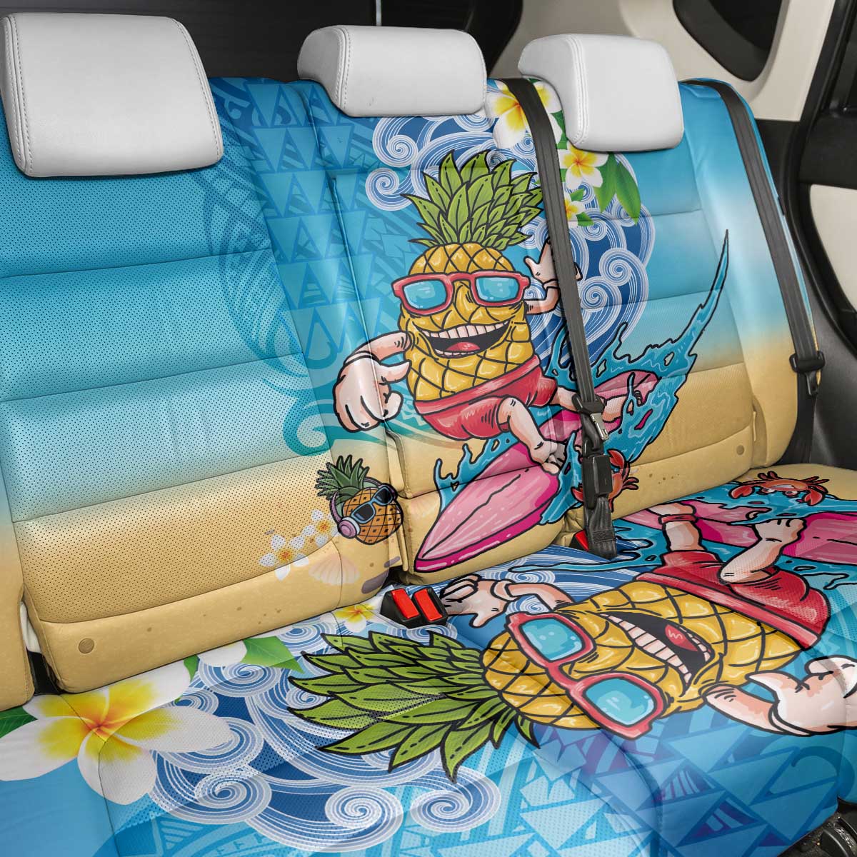 Hawaiian Funny Pineapple Surfing Back Car Seat Cover Beach with Tribal Kakau and Plumeria LT03 - Polynesian Pride