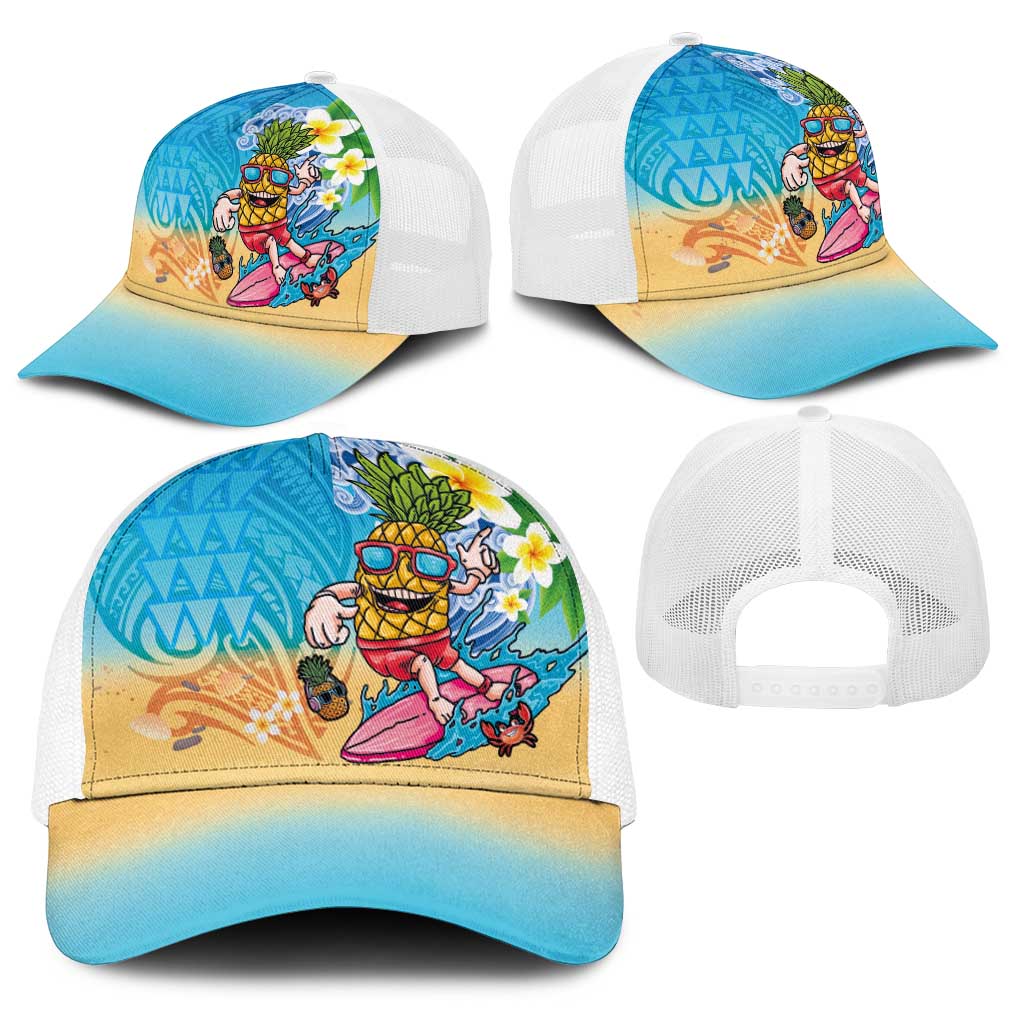 Hawaiian Funny Pineapple Surfing Baseball Net Cap Beach with Tribal Kakau and Plumeria