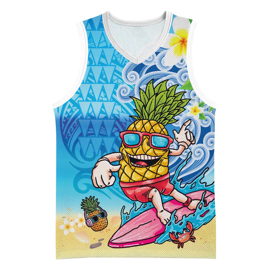 Hawaiian Funny Pineapple Surfing Basketball Jersey Beach with Tribal Kakau and Plumeria