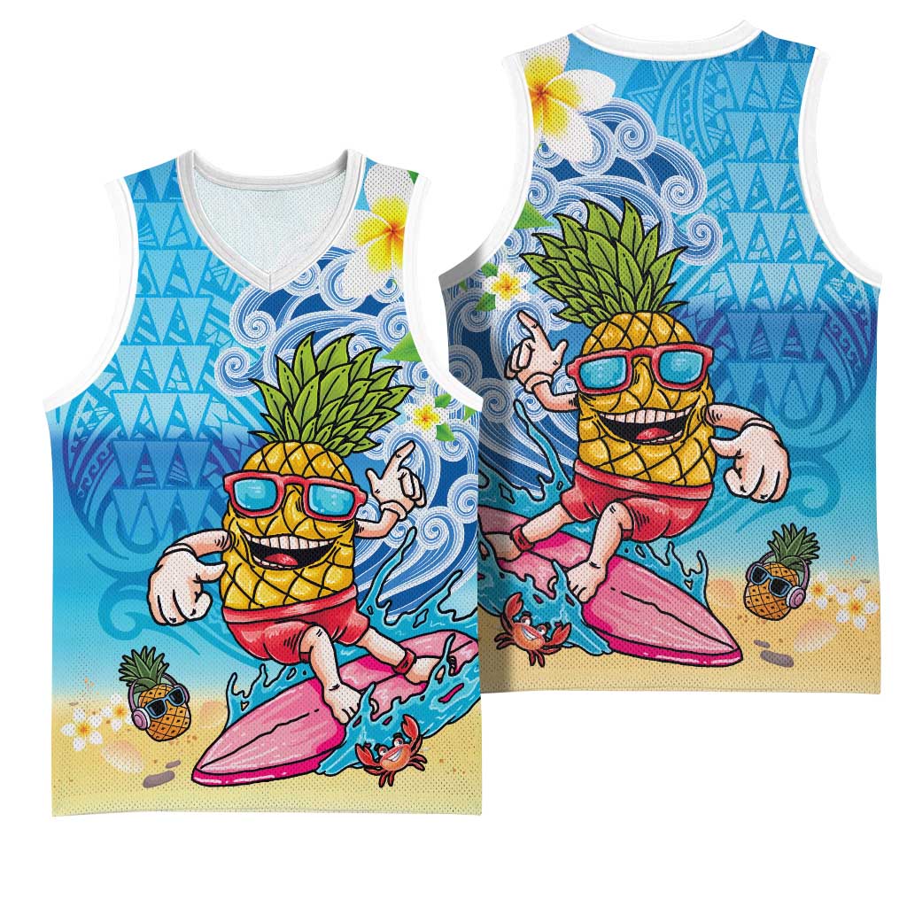 Hawaiian Funny Pineapple Surfing Basketball Jersey Beach with Tribal Kakau and Plumeria