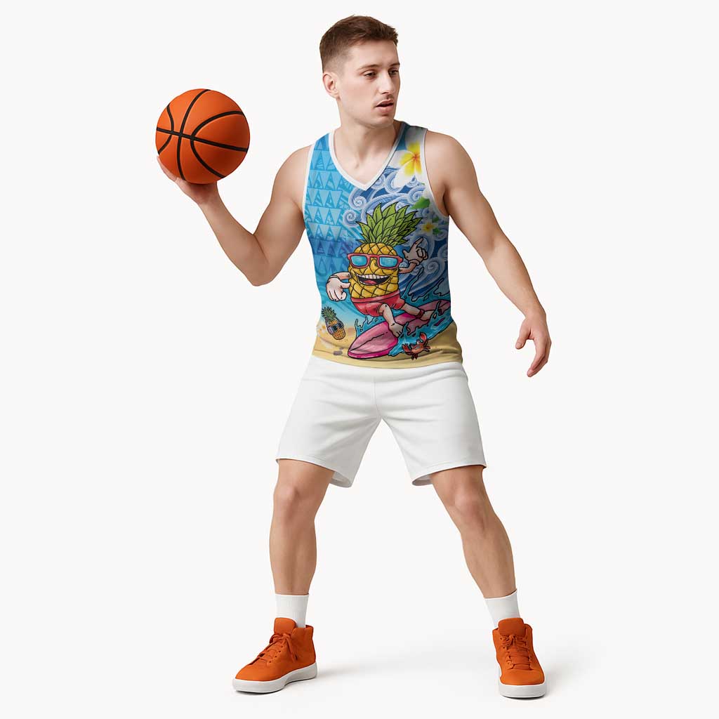 Hawaiian Funny Pineapple Surfing Basketball Jersey Beach with Tribal Kakau and Plumeria