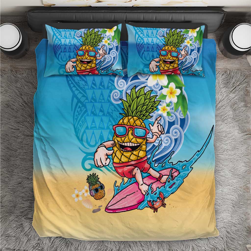 Hawaiian Funny Pineapple Surfing Bedding Set Beach with Tribal Kakau and Plumeria LT03 Multicolor - Polynesian Pride