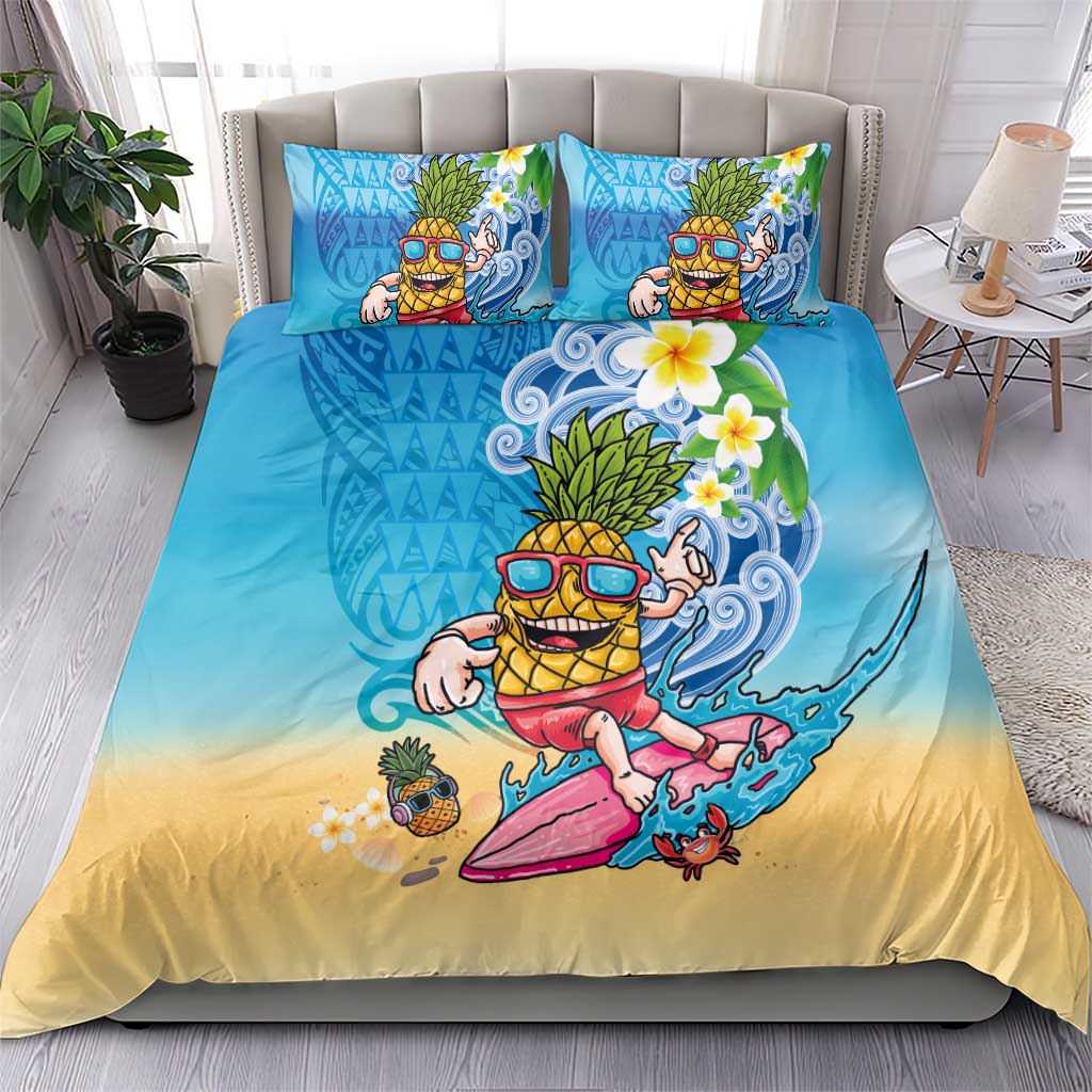 Hawaiian Funny Pineapple Surfing Bedding Set Beach with Tribal Kakau and Plumeria LT03 - Polynesian Pride