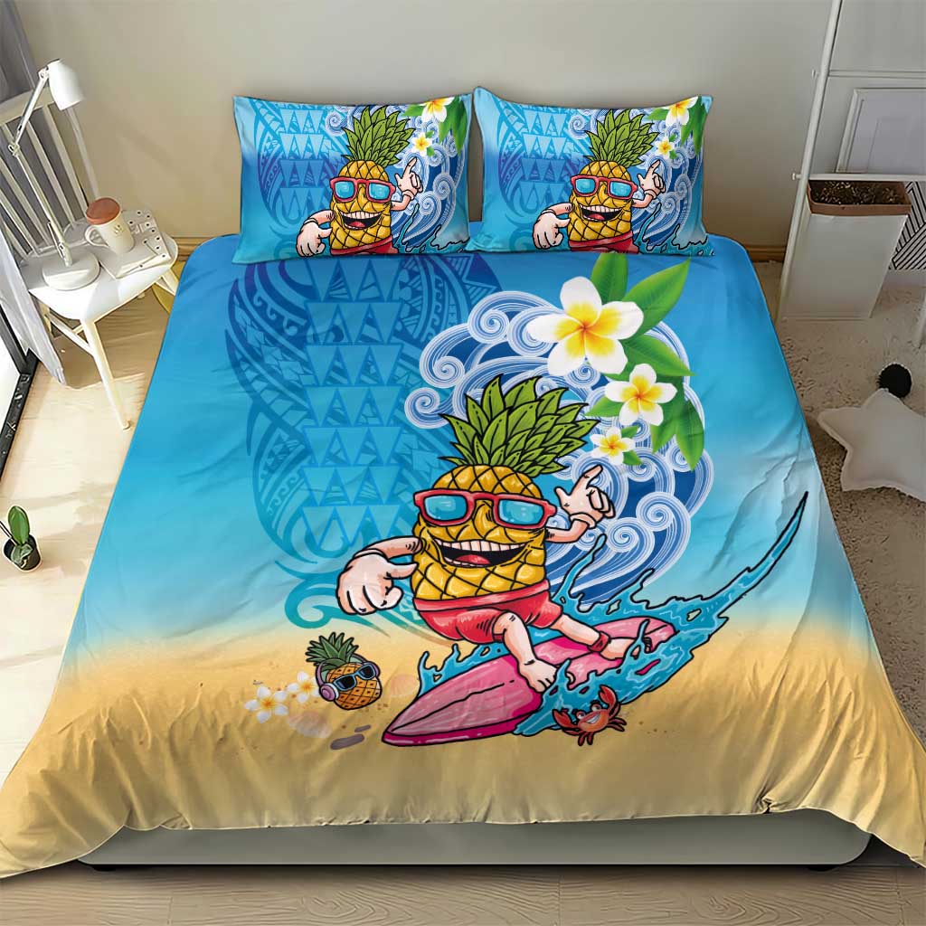 Hawaiian Funny Pineapple Surfing Bedding Set Beach with Tribal Kakau and Plumeria LT03 - Polynesian Pride