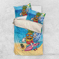 Hawaiian Funny Pineapple Surfing Bedding Set Beach with Tribal Kakau and Plumeria LT03 US Twin 172cm x 218cm Multicolor - Polynesian Pride