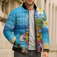 Hawaiian Funny Pineapple Surfing Bomber Puffer Jacket Beach with Tribal Kakau and Plumeria