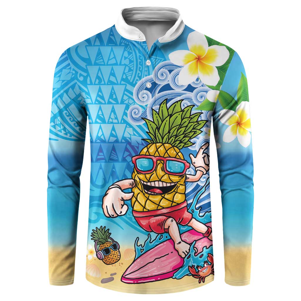 Hawaiian Funny Pineapple Surfing Button Sweatshirt Beach with Tribal Kakau and Plumeria