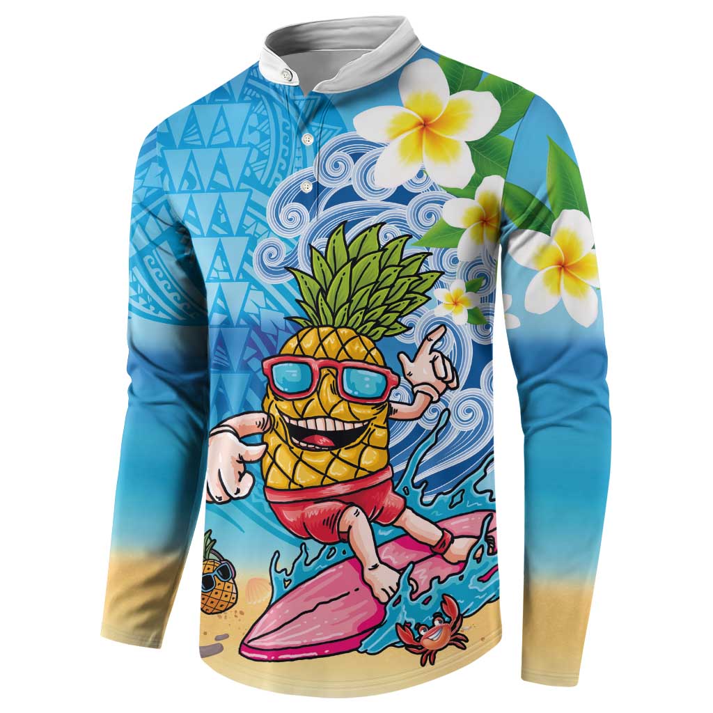 Hawaiian Funny Pineapple Surfing Button Sweatshirt Beach with Tribal Kakau and Plumeria