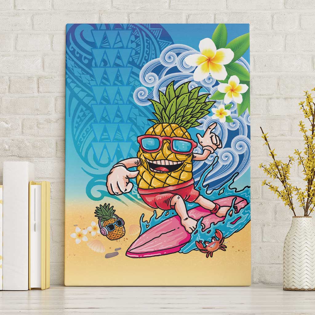Hawaiian Funny Pineapple Surfing Canvas Wall Art Beach with Tribal Kakau and Plumeria