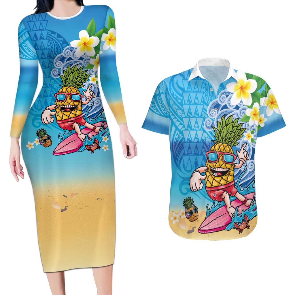 Hawaiian Funny Pineapple Surfing Couples Matching Long Sleeve Bodycon Dress and Hawaiian Shirt Beach with Tribal Kakau and Plumeria