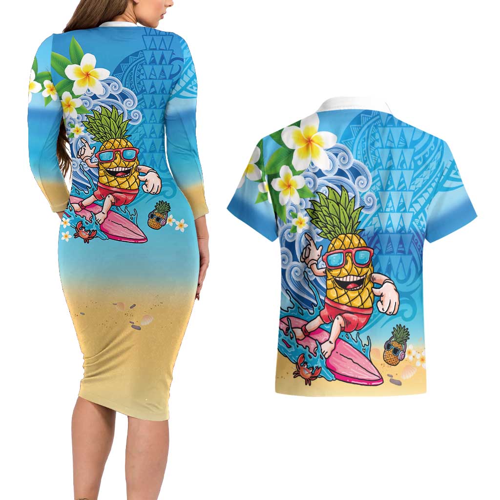 Hawaiian Funny Pineapple Surfing Couples Matching Long Sleeve Bodycon Dress and Hawaiian Shirt Beach with Tribal Kakau and Plumeria LT03 - Polynesian Pride