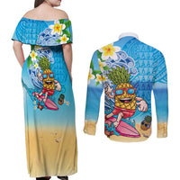 Hawaiian Funny Pineapple Surfing Couples Matching Off Shoulder Maxi Dress and Long Sleeve Button Shirt Beach with Tribal Kakau and Plumeria
