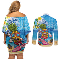 Hawaiian Funny Pineapple Surfing Couples Matching Off Shoulder Short Dress and Long Sleeve Button Shirt Beach with Tribal Kakau and Plumeria