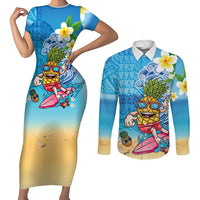 Hawaiian Funny Pineapple Surfing Couples Matching Short Sleeve Bodycon Dress and Long Sleeve Button Shirt Beach with Tribal Kakau and Plumeria LT03 Multicolor - Polynesian Pride