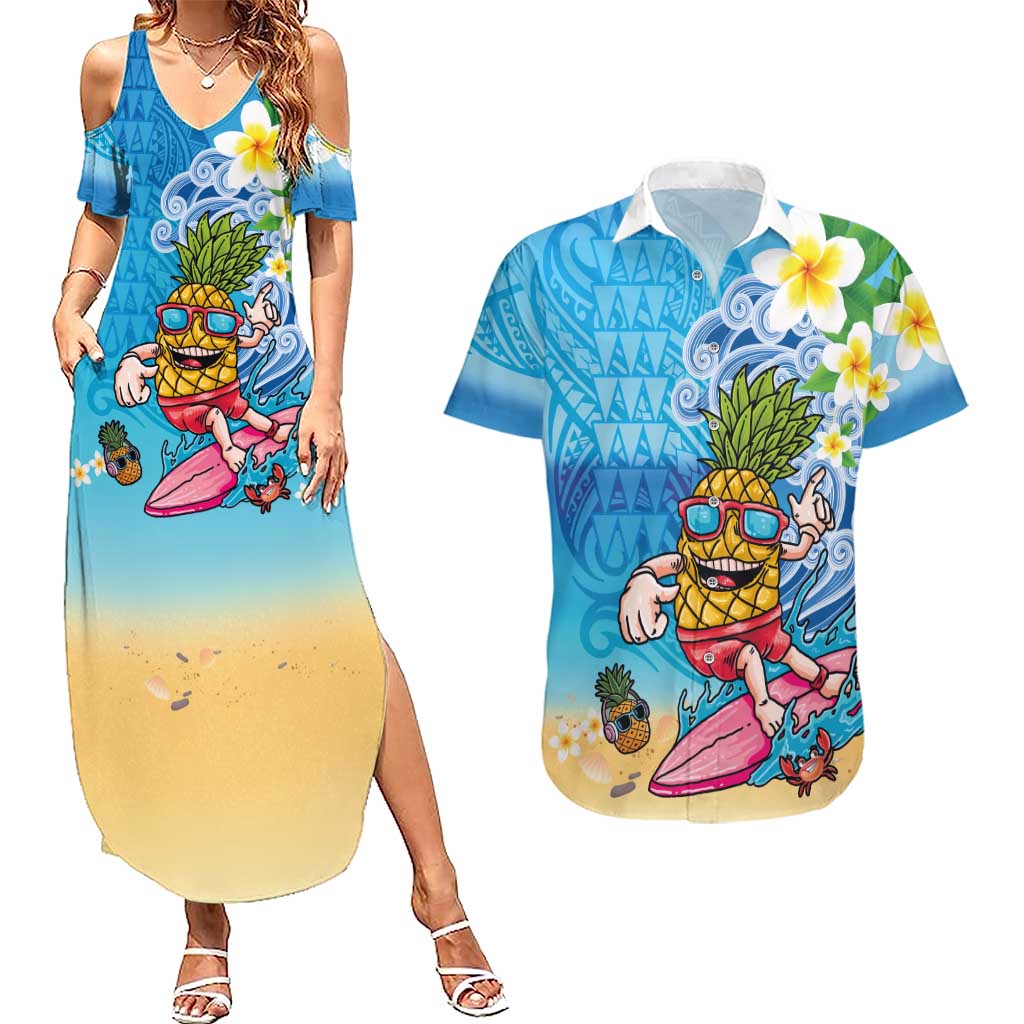 Hawaiian Funny Pineapple Surfing Couples Matching Summer Maxi Dress and Hawaiian Shirt Beach with Tribal Kakau and Plumeria