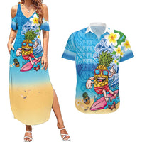Hawaiian Funny Pineapple Surfing Couples Matching Summer Maxi Dress and Hawaiian Shirt Beach with Tribal Kakau and Plumeria