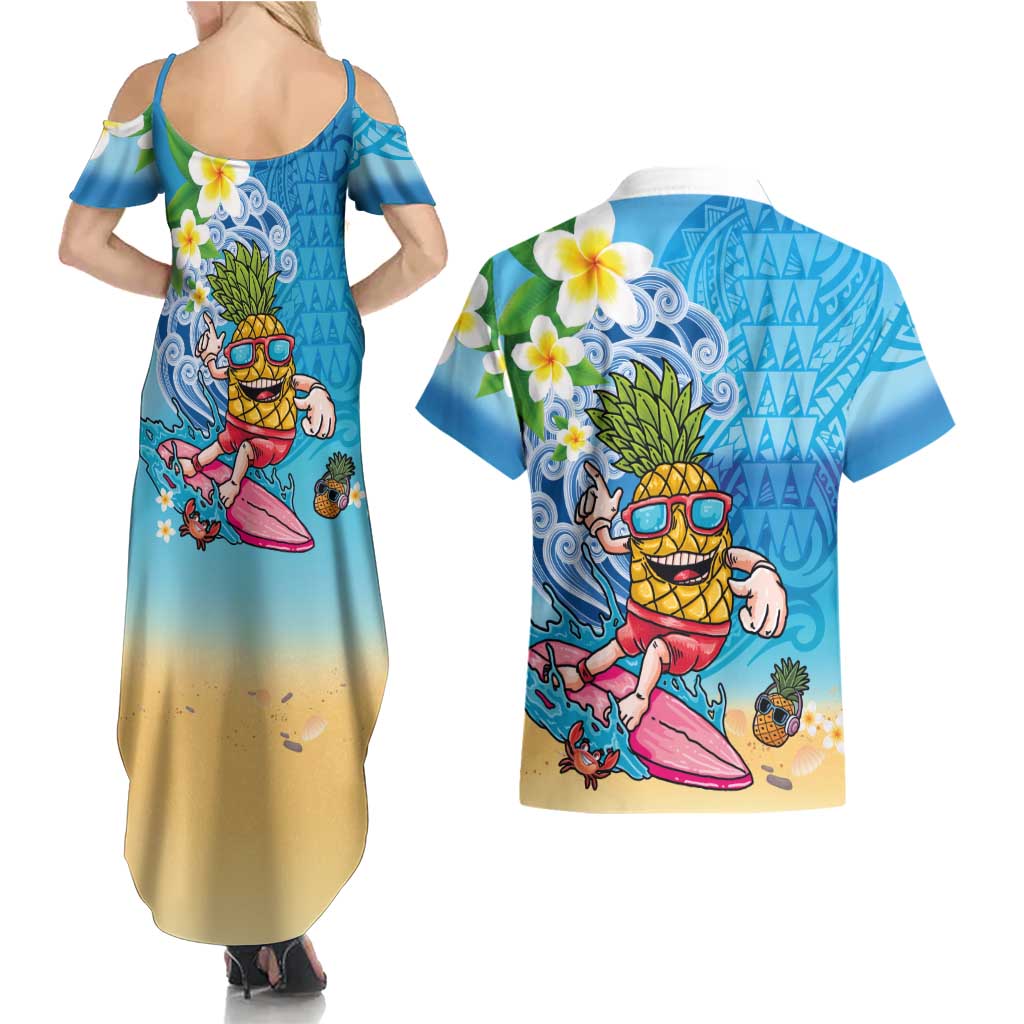 Hawaiian Funny Pineapple Surfing Couples Matching Summer Maxi Dress and Hawaiian Shirt Beach with Tribal Kakau and Plumeria