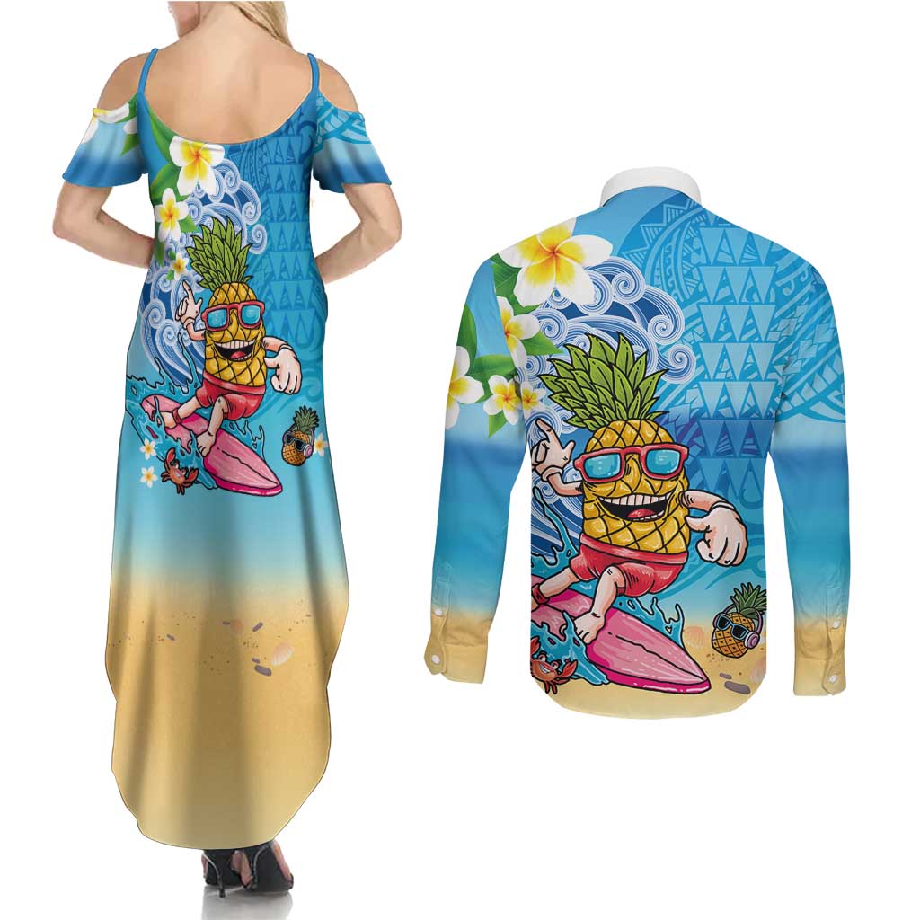 Hawaiian Funny Pineapple Surfing Couples Matching Summer Maxi Dress and Long Sleeve Button Shirt Beach with Tribal Kakau and Plumeria