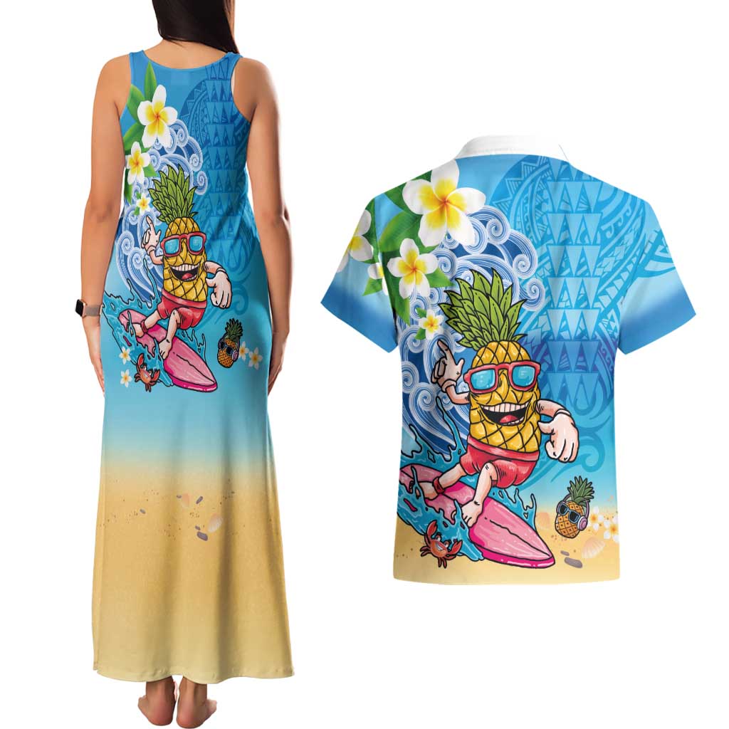Hawaiian Funny Pineapple Surfing Couples Matching Tank Maxi Dress and Hawaiian Shirt Beach with Tribal Kakau and Plumeria LT03 - Polynesian Pride