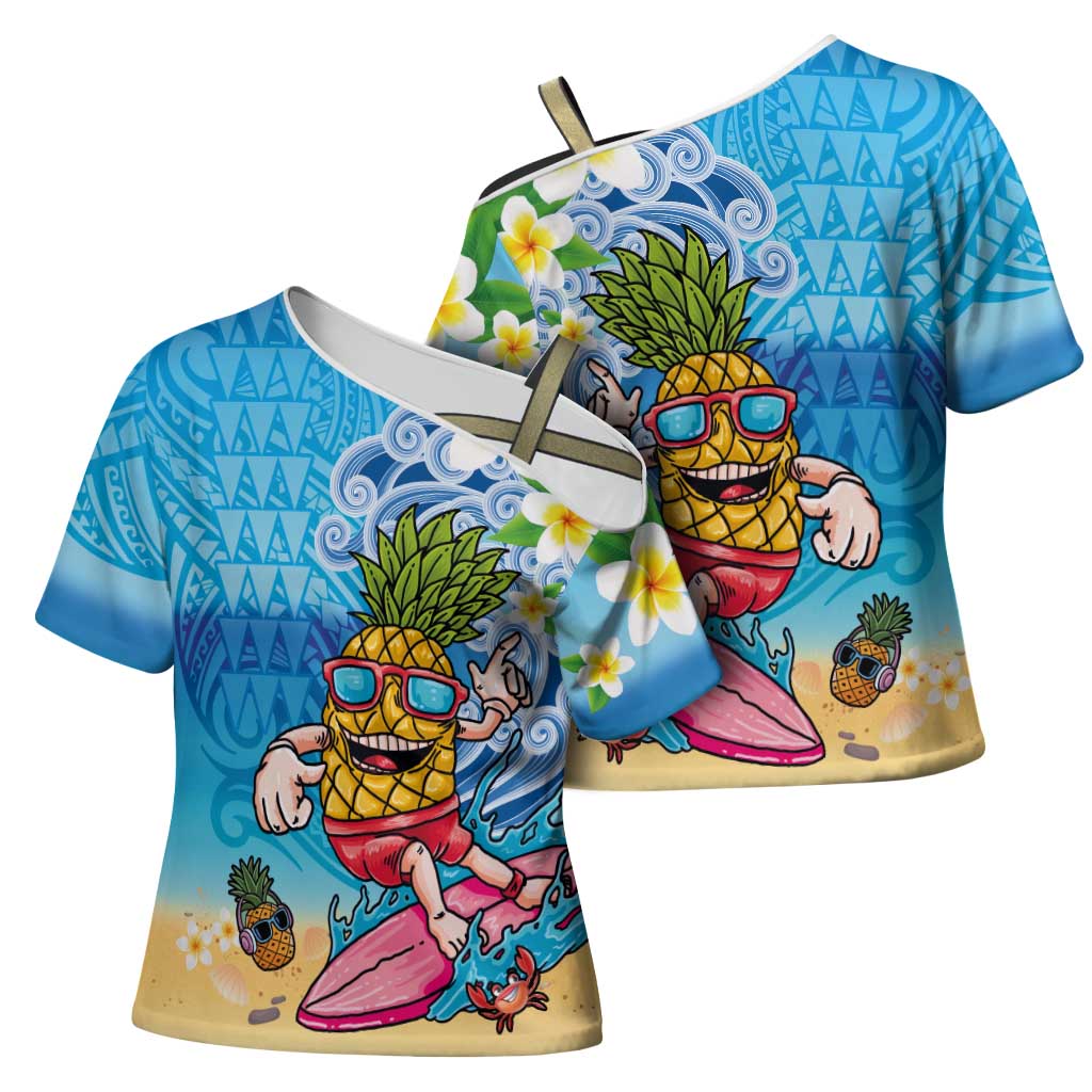 Hawaiian Funny Pineapple Surfing Cross Shoulder Shirt Beach with Tribal Kakau and Plumeria LT03 - Polynesian Pride