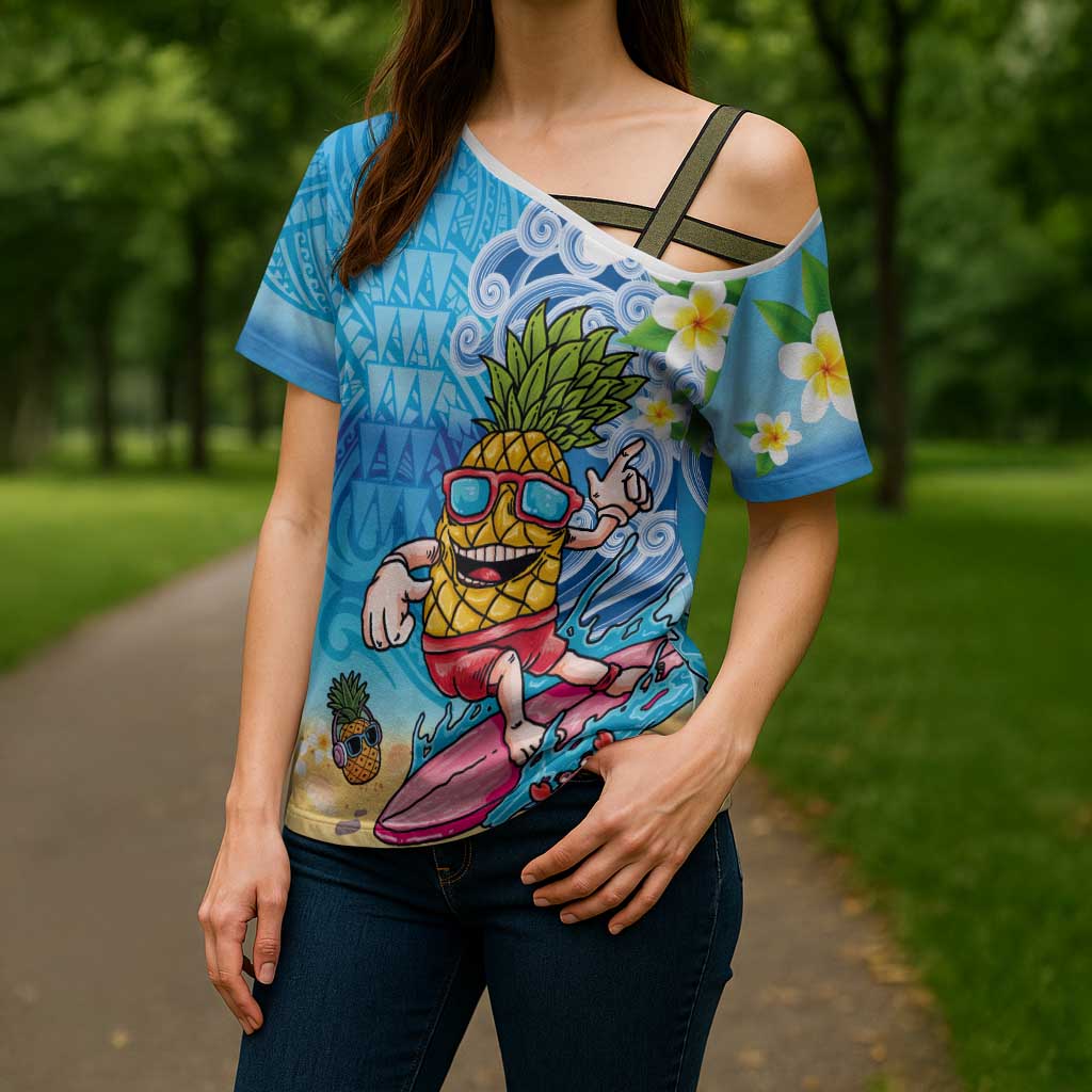 Hawaiian Funny Pineapple Surfing Cross Shoulder Shirt Beach with Tribal Kakau and Plumeria LT03 - Polynesian Pride