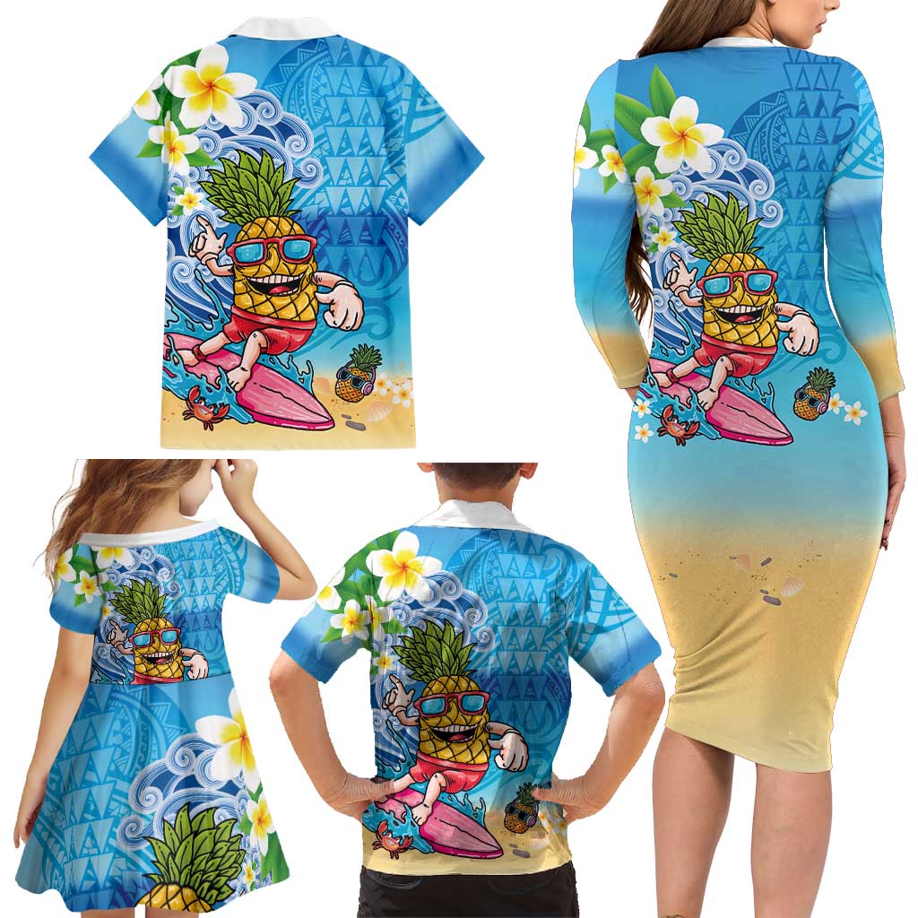 Hawaiian Funny Pineapple Surfing Family Matching Long Sleeve Bodycon Dress and Hawaiian Shirt Beach with Tribal Kakau and Plumeria LT03 - Polynesian Pride