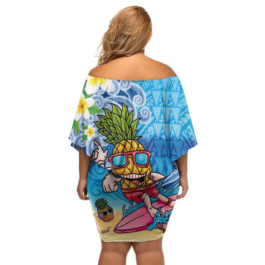 Hawaiian Funny Pineapple Surfing Family Matching Off Shoulder Short Dress and Hawaiian Shirt Beach with Tribal Kakau and Plumeria LT03 - Polynesian Pride