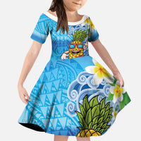 Hawaiian Funny Pineapple Surfing Family Matching Puletasi and Hawaiian Shirt Beach with Tribal Kakau and Plumeria LT03 Daughter's Dress Multicolor - Polynesian Pride