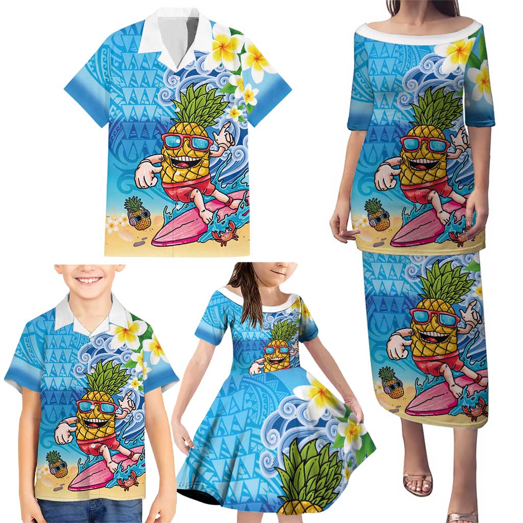 Hawaiian Funny Pineapple Surfing Family Matching Puletasi and Hawaiian Shirt Beach with Tribal Kakau and Plumeria