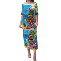 Hawaiian Funny Pineapple Surfing Family Matching Puletasi and Hawaiian Shirt Beach with Tribal Kakau and Plumeria LT03 Mom's Dress Multicolor - Polynesian Pride
